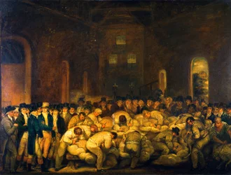 Der Earl of Leicester und andere Beobachter bei einem Schafschurwettbewerb in der großen Scheune von Holkham Hall